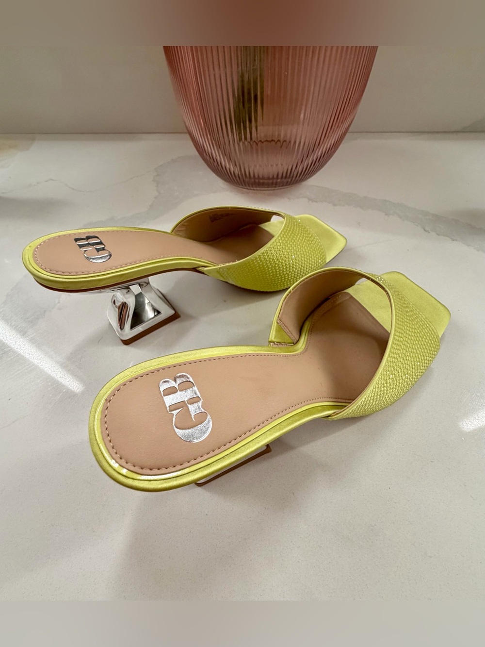 Gianni Bini - Lime Rhinestone Satin Mule Heels - New - 37